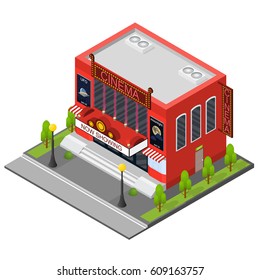 Cinema Building Isometric View Modern Exterior Facade for Cinematography Movie Show Business. Vector illustration