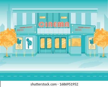 Construcción de Cine Moderna para Películas y Películas de Arte. Cine en City Street. Casa Exterior con Luces y Afiches de Publicidad Árboles de Otoño alrededor. Ilustración vectorial