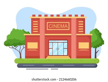 Cinema Building or Movie Theater for Modern Entertainment Industry, Relaxation, Watching a Film and Show  in Flat Design Background Illustration