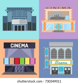 Cinema building vector illustration facade movie entertainment city house architecture theater exterior.