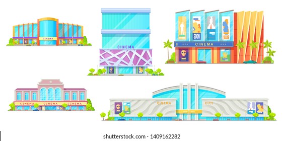 Cinema buildings isolated facade exteriors. Vector modern movie theater with entrance and parking zone, cars and trees. City entertainment center architecture, public structure, art-house architecture