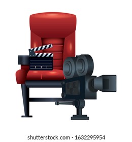 cinema camera, clapboard and theater chair icon over white background, vector illustration