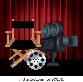 cinema camera with directors chair and film reel over Red cinema curtains background, colorful design, vector illustration