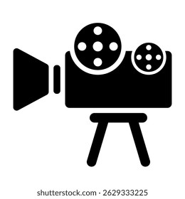 Ícone de preenchimento da câmera de cinema. Símbolo de Câmera de Cinema de Vídeo em Preto e Branco