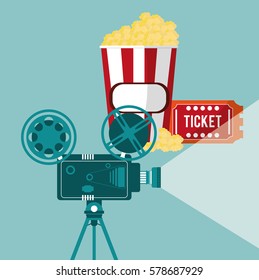 cinema camera film projector ticket and pop corn