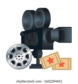 cinema camera with film reel and movie tickets over white background, vector illustration