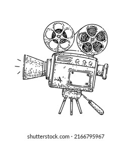 cinema camera hand drawn vector. film movie, old video projector, retro cinematography, theater industry cinema camera sketch. isolated black illustration