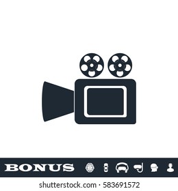 Cinema camera icon flat. Black pictogram on white background. Vector illustration symbol and bonus button