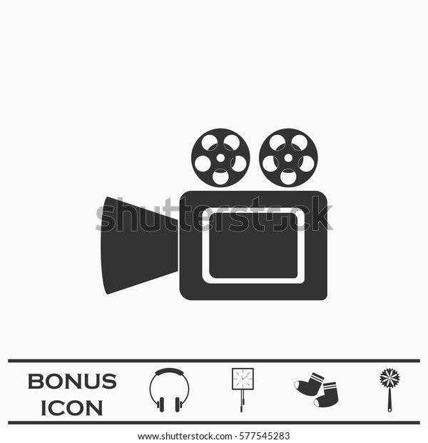 Cinema camera icon\
flat. Black pictogram on white background. Vector illustration\
symbol and bonus button