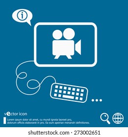 Cinema camera icon and flat design elements. Line icons for application development, web page coding and programming, creative process, social media, print.