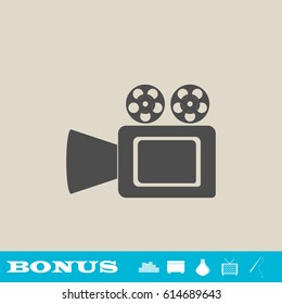 Cinema camera icon flat. Grey pictogram on light background. Vector illustration symbol and bonus button real estate, ottoman, vase, tv, fishing rod