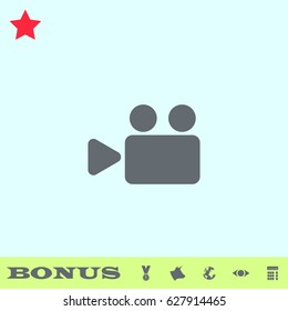 Cinema camera icon flat. Grey pictogram on blue background. Vector illustration symbol and bonus buttons medal, cow, earth, eye, calculator