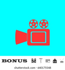 Cinema camera icon flat. Red pictogram on blue background. Vector illustration symbol and bonus buttons Music center, corkscrew, credit card, house, drum