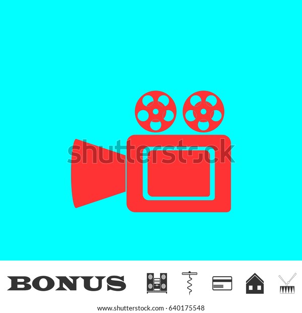 Cinema camera icon flat. Red\
pictogram on blue background. Vector illustration symbol and bonus\
buttons Music center, corkscrew, credit card, house,\
drum
