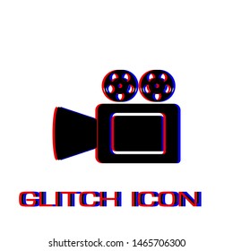 Cinema camera icon flat. Simple pictogram - Glitch effect. Vector illustration symbol