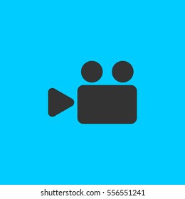 Cinema camera icon flat. Simple vector black pictogram on blue background