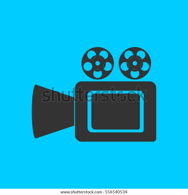 Cinema camera icon flat. Simple vector black\
pictogram on blue\
background