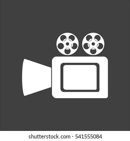 Cinema camera icon flat. Vector white illustration isolated on black background. Flat symbol