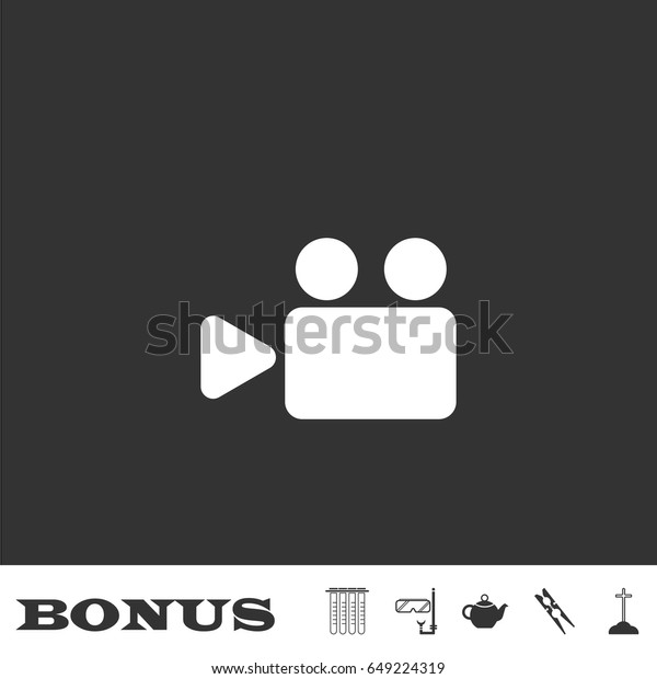 Cinema camera icon\
flat. White pictogram on black background. Vector illustration\
symbol and bonus icons