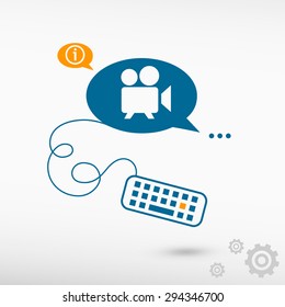 Cinema camera icon and keyboard on chat speech bubbles. Line icons for application and creative process.