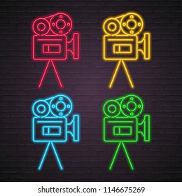 Cinema Camera Icon Set Neon Light Glowing Vector Illustration with Dark Background