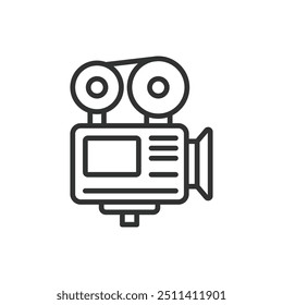 Cinema camera, in line design. Film camera, movie, professional camera, video, equipment, filmmaking on white background vector. Cinema camera editable stroke icon.