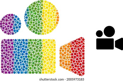 Icono de mosaico de cámara de cine de las manchas esféricas de diferentes tamaños y tonos de espectro. Una cámara de cine de colores LGBT para lesbianas, gays, bisexuales y transgéneros.