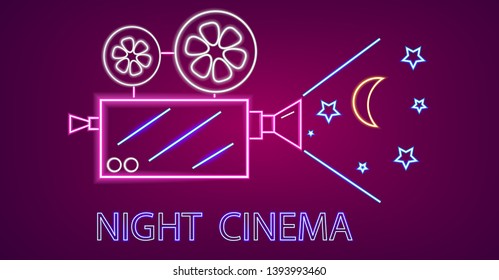 Cinema camera neon symbols Vector. Glowing sign dark background. Shinning billboard templates