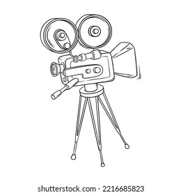 Cinema camera sketch. Cinema vintage camera in doodle style. Vector illustration isolated on white background