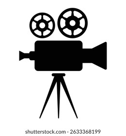 Cinema camera vector icon. Vintage film camera symbol for movie production, video recording, or filmmaking. Black silhouette isolated on white background.