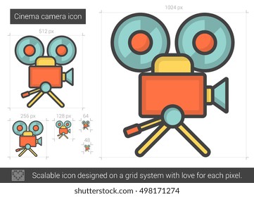 Icono de línea vectorial de cámara de cine aislado en fondo blanco. Icono de la línea de la cámara de cine para infografía, sitio web o aplicación. Icono escalable diseñado en un sistema de cuadrícula.