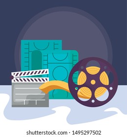 cinema camera video with clapboard and tape reel