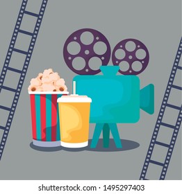 cinema camera video with popcorn and drink