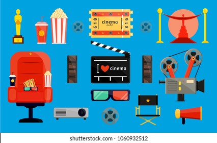 Cinema cameramovie film directors set. Retro vintage style. Coil strip, popcorn soda amchair tickets gold award. Modern flat style vector illustration icons. Isolated on blue background. Cinema night