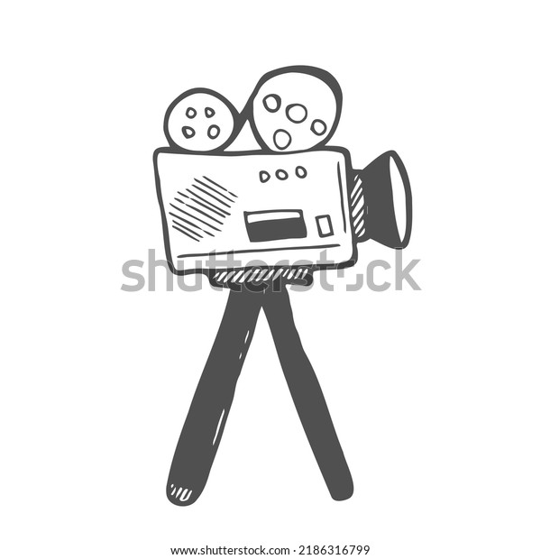Cinema camera.Retro cinema\
projector.Vintage film projector icon.Hand-drawn outline.Doodle\
sketch vector illustration. Isolated on white\
background.