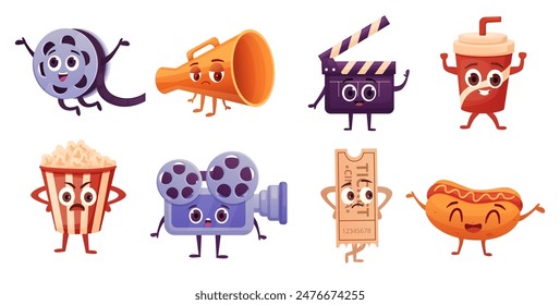 Personajes de dibujos animados. Cinematografía Elementos emocionales con caras. Pop canasta de maíz hot dog y beber vidrio, cámara y billete, hoy en día Clipart de Vector