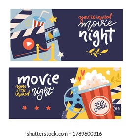 Cinema cartoon horizontal banners set with cinema night symbols. Flat vector hand drawn illustration with lettering quotes