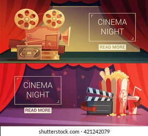 Cinema cartoon horizontal banners set with cinema night symbols isolated vector illustration 