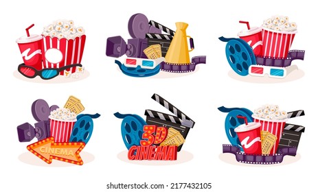 Iconos de dibujos animados del cine. Producción de películas de dibujos animados y colección de cine, película de la cámara bobbin palomitas elementos cinematográficos de la capa de palomitas. Vector conjunto de ilustraciones de producción de cine de entretenimiento