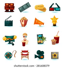 Cinema cartoon icons set with 3d glasses film reel popcorn isolated vector illustration