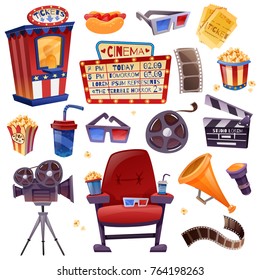 Cinema cartoon icons set with camera, film, clapper, drink and snacks, armchair, glasses, tickets isolated vector illustration