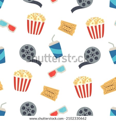 cinema cartoon seamless pattern with popcorn, tickets, glasses, grink and filmreel