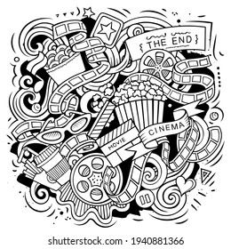 Cinema cartoon vector doodle design. Line art detailed composition with lot of movie objects and symbols. All items are separate