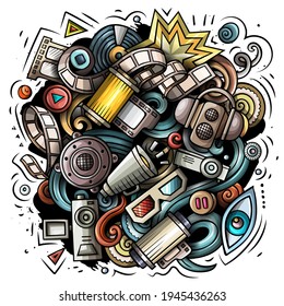 Cinema cartoon vector doodle design. Colorful detailed composition with lot of movie objects and symbols. All items are separate