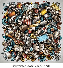 Cinema cartoon vector doodle design. Colorful detailed composition with lot of movie objects and symbols. All items are separate