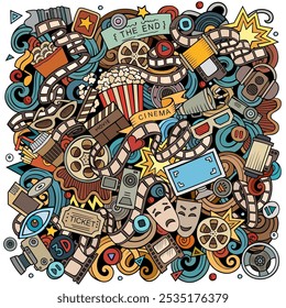 Cinema cartoon vector doodle design. Colorful detailed composition with lot of movie objects and symbols. All items are separate