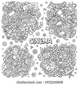 Cinema cartoon vector doodle designs set. Line art detailed compositions with lot of movie objects and symbols. All items are separate