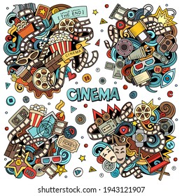 Cinema cartoon vector doodle designs set. Colorful detailed compositions with lot of movie objects and symbols. All items are separate