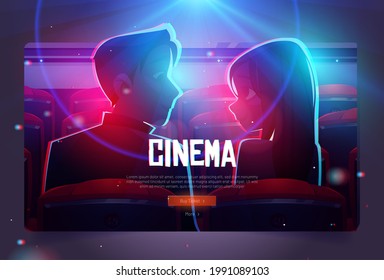 Cinema cartoon web banner, loving couple in movie theater, man and woman look on each other sitting in empty hall front of glowing screen with film, buying tickets online service vector webpage design