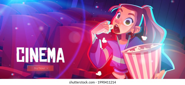 Cinema cartoon web banner, young mesmerized girl with pop corn bucket sitting in movie theater front of screen watching very interesting film with open mouth, buy tickets online, Vector webpage design